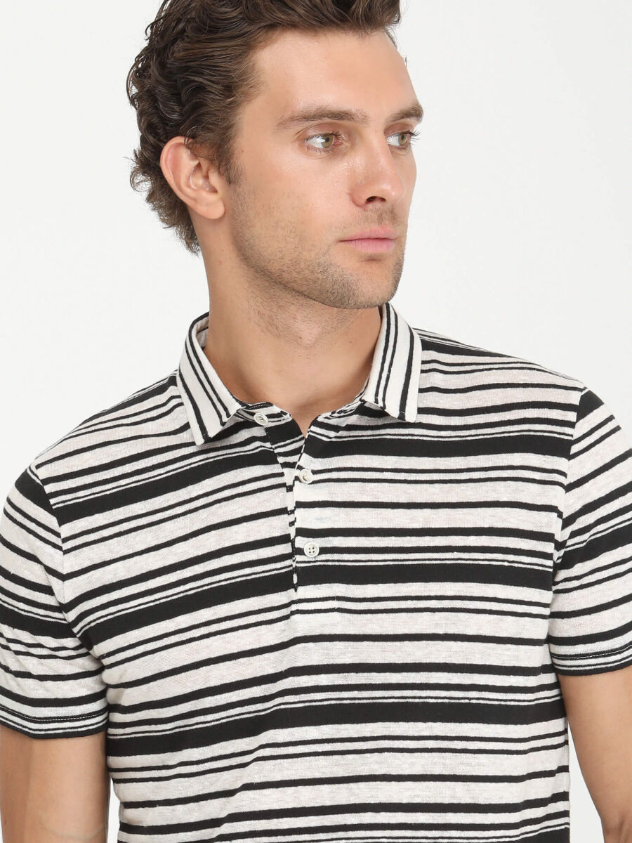 Black Striped Polo Neck Linen Blended T-Shirt - 5