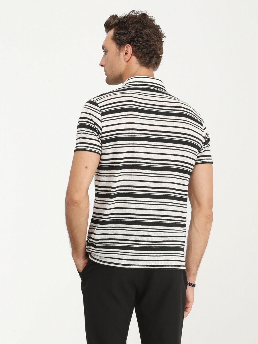 Black Striped Polo Neck Linen Blended T-Shirt - 6