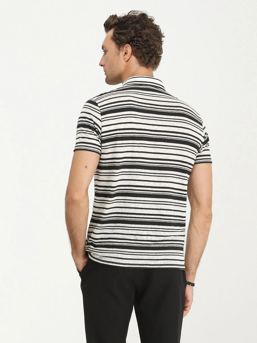 Black Striped Polo Neck Linen Blended T-Shirt - 6