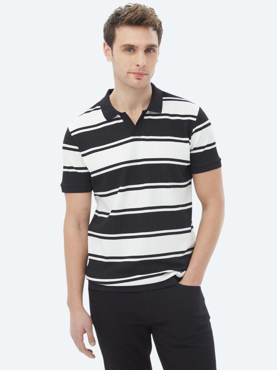 Black Striped Polo Neck T-Shirt - 1