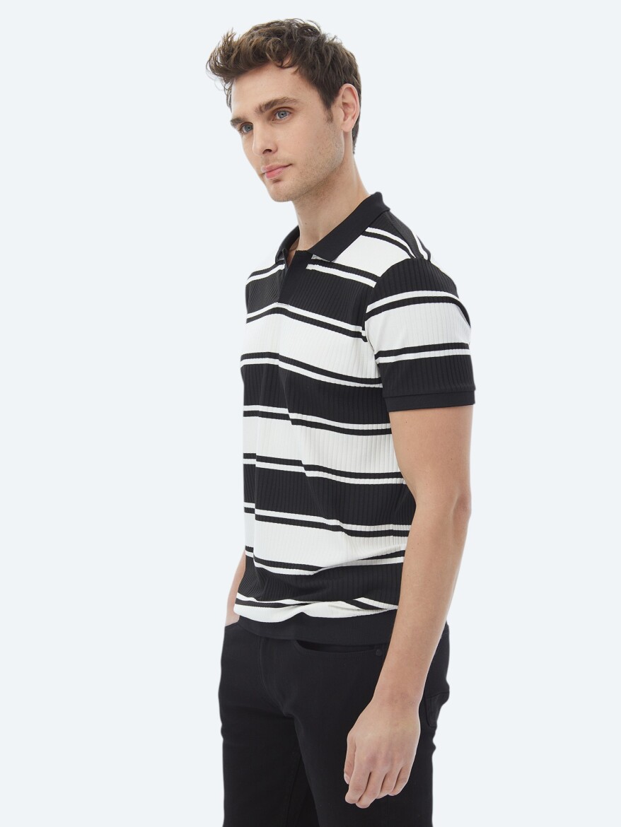 Black Striped Polo Neck T-Shirt - 3