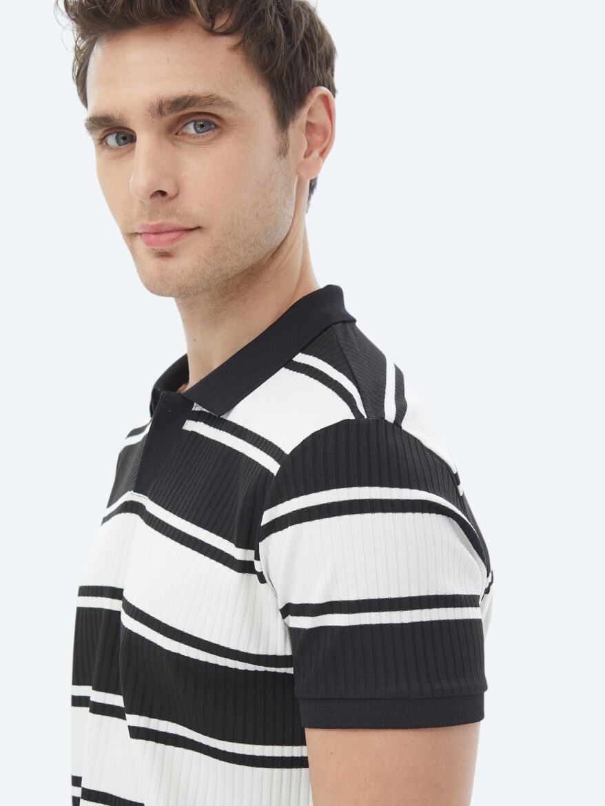 Black Striped Polo Neck T-Shirt - 4