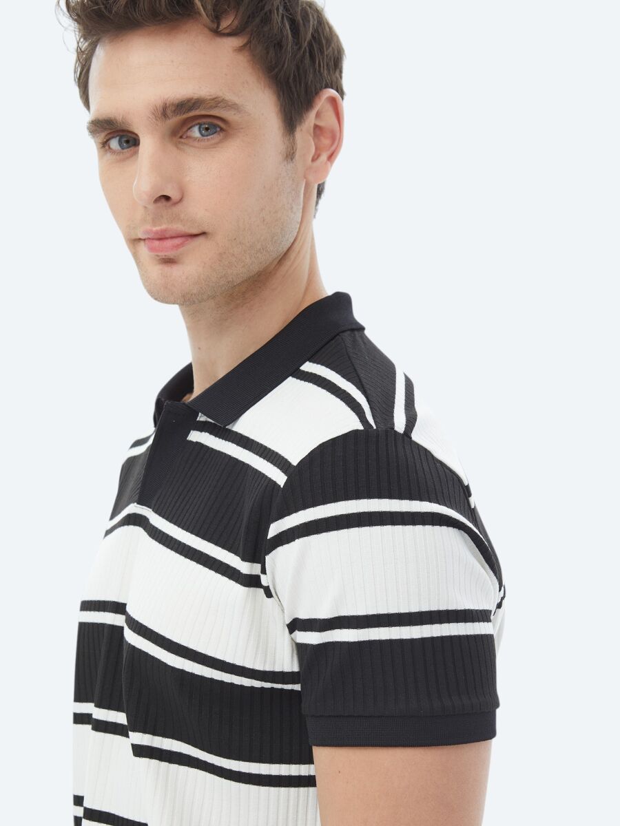 Black Striped Polo Neck T-Shirt - 4