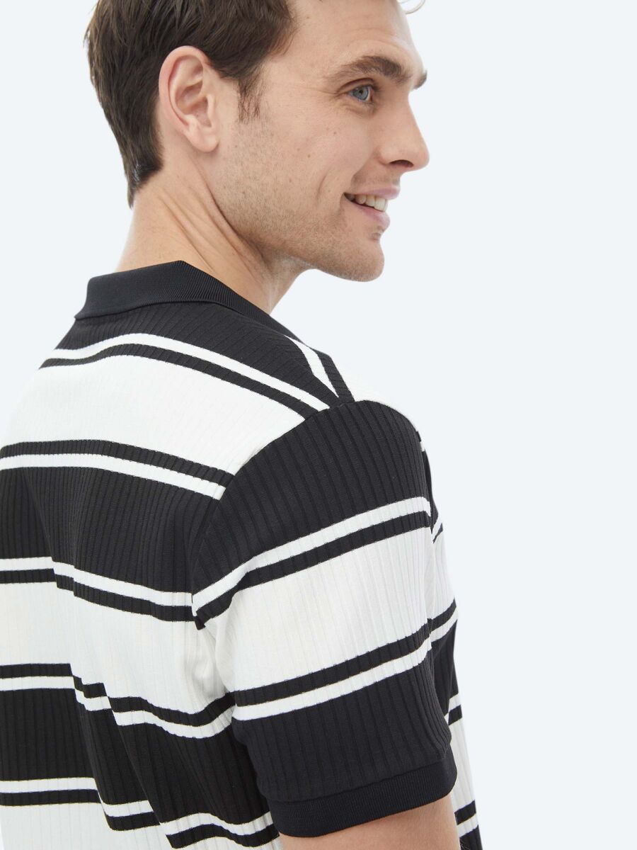 Black Striped Polo Neck T-Shirt - 6