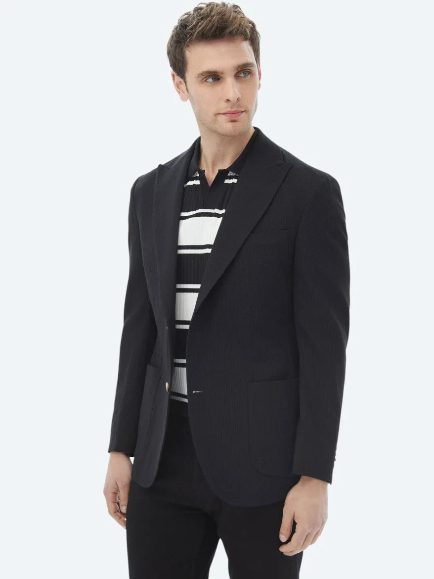 Black Striped Regular Fit Cotton Blended Jacket - 4