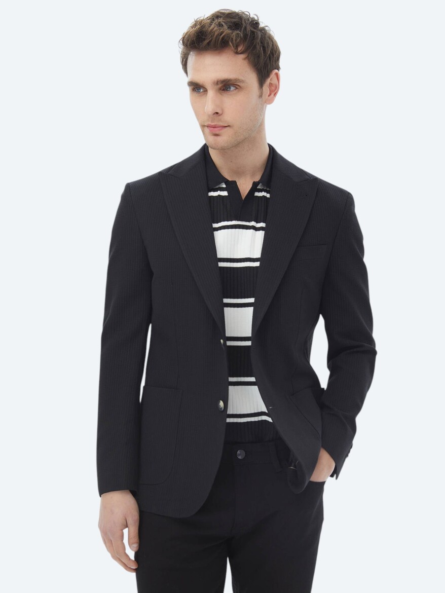 Black Striped Regular Fit Cotton Blended Jacket - 3