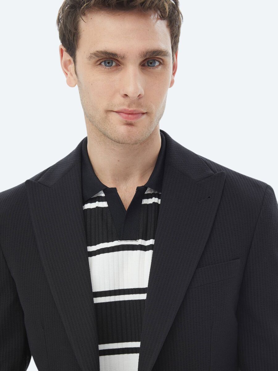 Black Striped Regular Fit Cotton Blended Jacket - 5