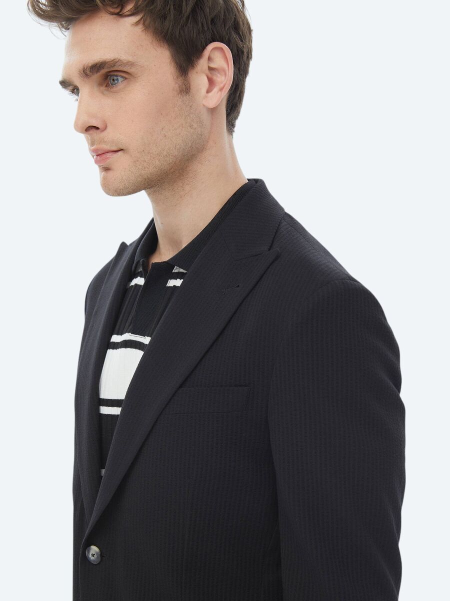 Black Striped Regular Fit Cotton Blended Jacket - 7