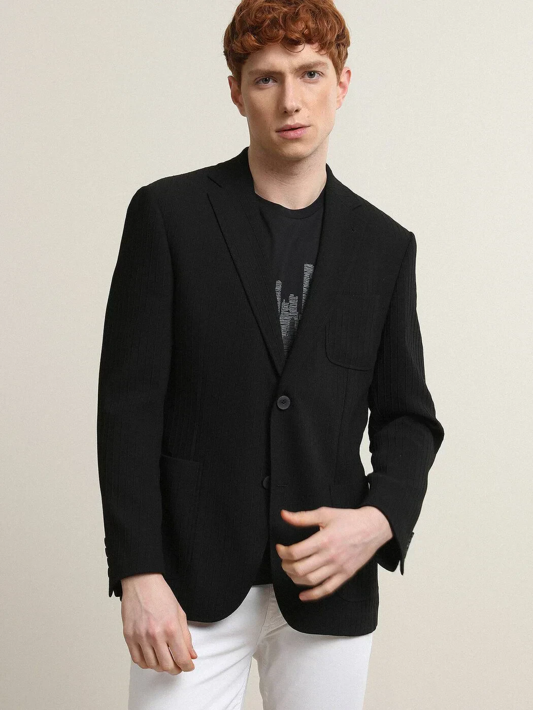 Black Striped Regular Fit Jacket - 1