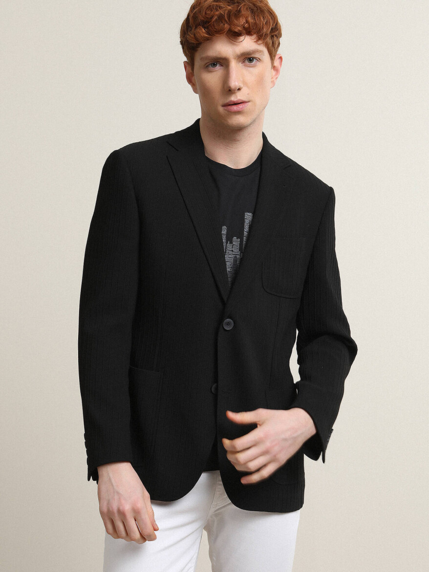 Black Striped Regular Fit Jacket - 1