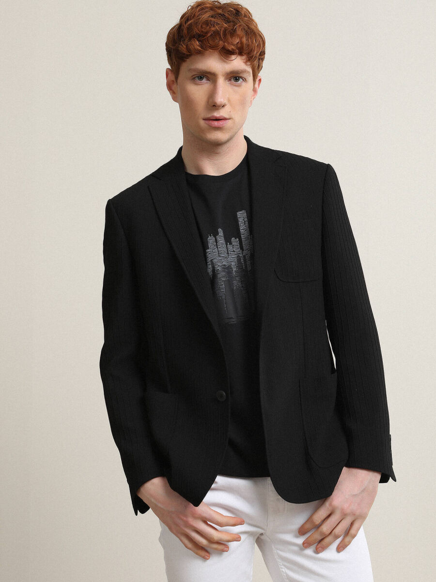 Black Striped Regular Fit Jacket - 4