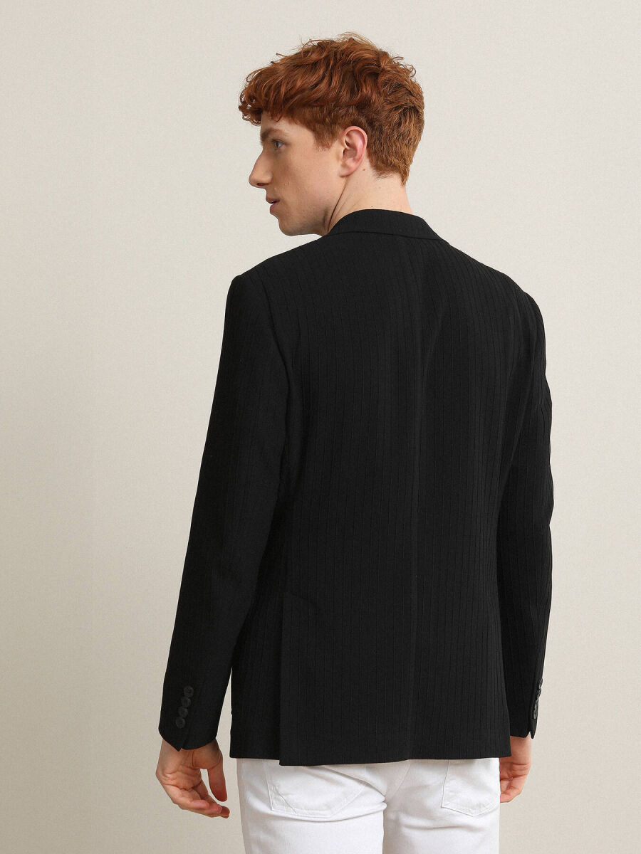 Black Striped Regular Fit Jacket - 5