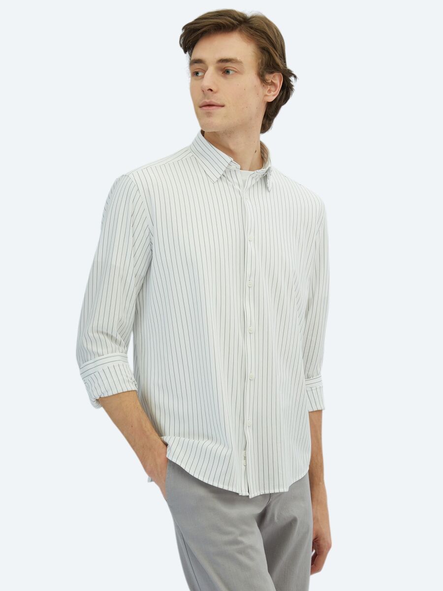Black Striped Regular Fit Long Knitting Casual Cotton Blended Shirt - 3