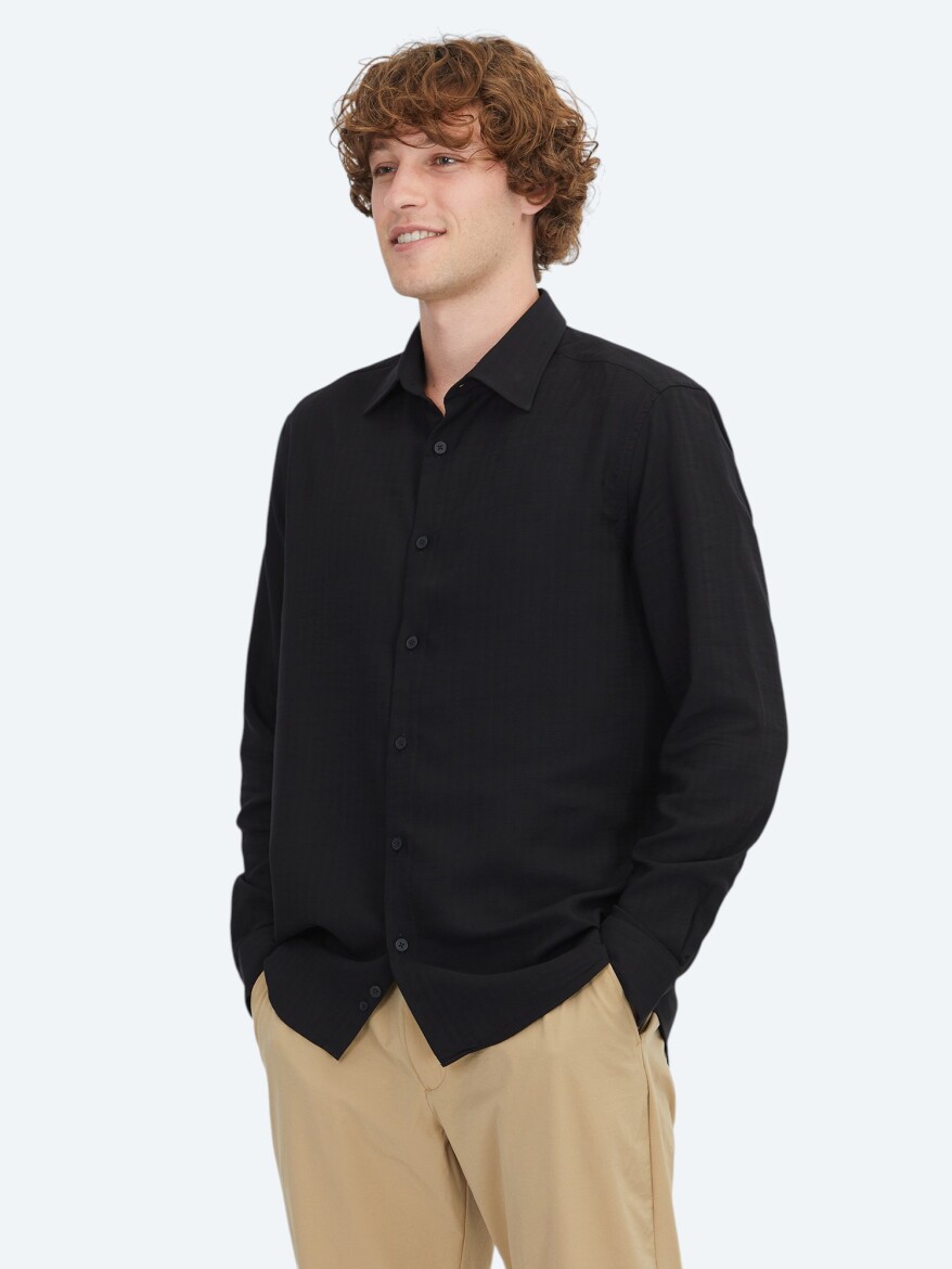 Black Striped Regular Fit Long Weaving Casual Shirt 