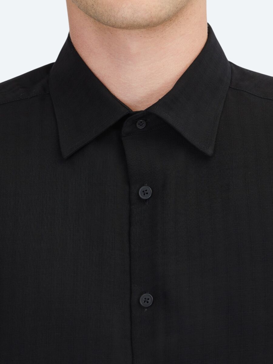 Black Striped Regular Fit Long Weaving Casual Shirt - 5