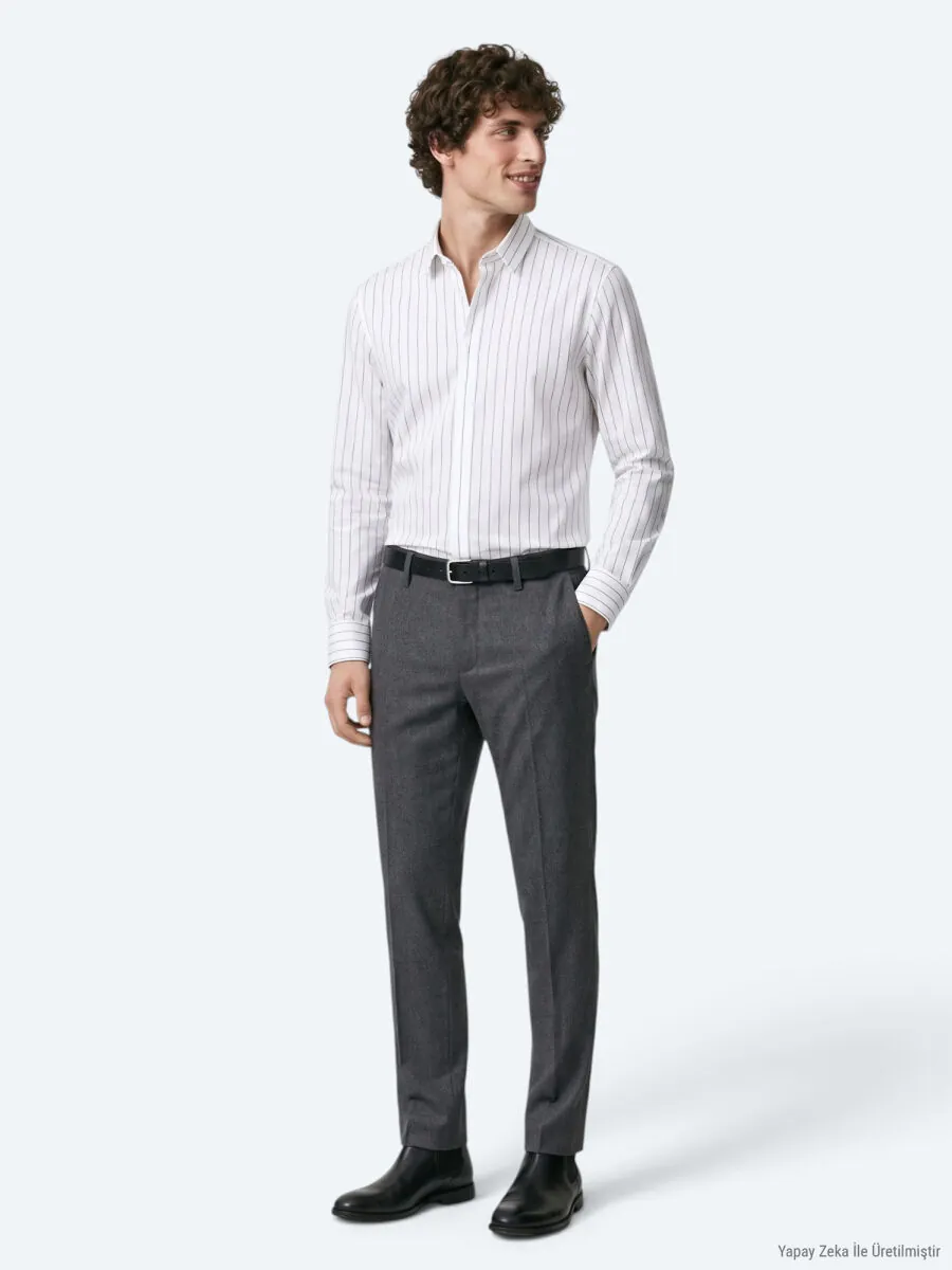 Black Striped Regular Fit Long Weaving Classical Shirt - 3