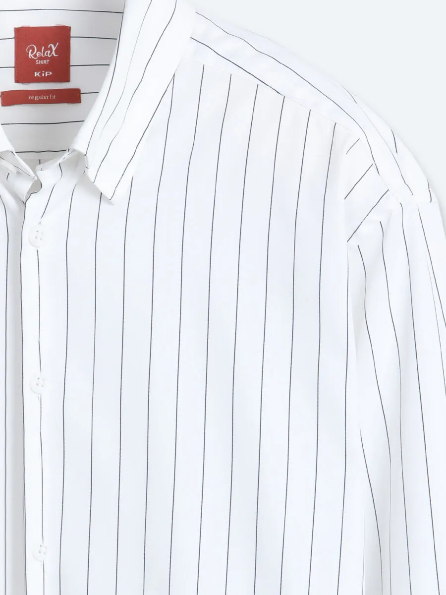 Black Striped Regular Fit Long Weaving Classical Shirt - 8