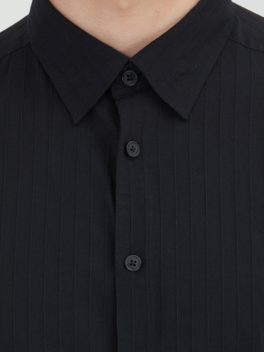 Black Striped Regular Fit Long Weaving Sport Cotton Blended Shirt - 6