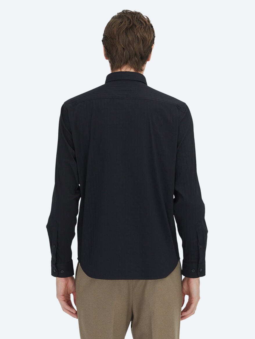 Black Striped Regular Fit Long Weaving Sport Cotton Blended Shirt - 7
