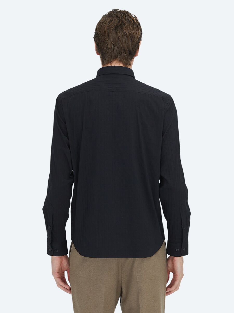 Black Striped Regular Fit Long Weaving Sport Cotton Blended Shirt - 7