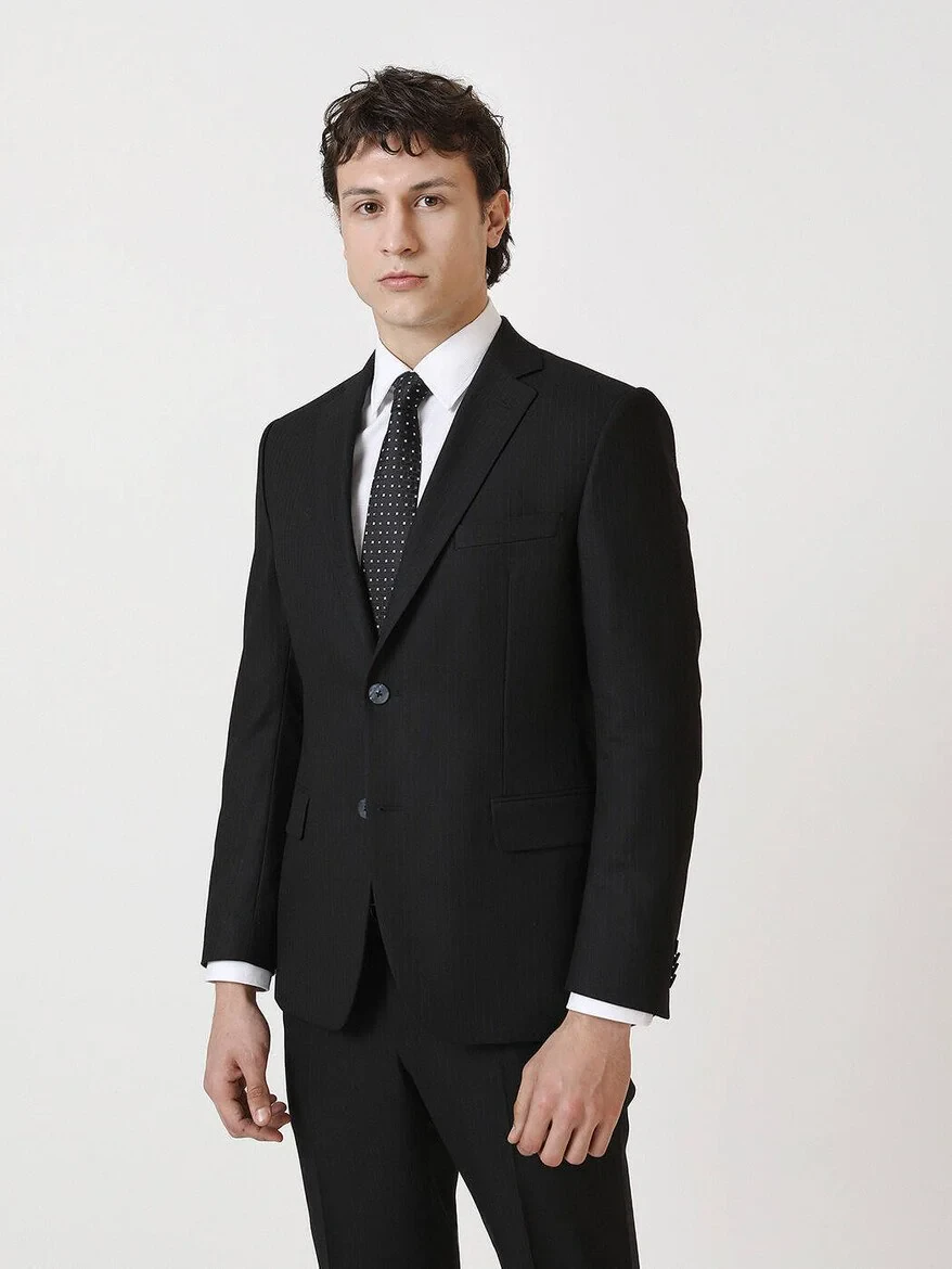 Black Striped Regular Fit Suit - 1