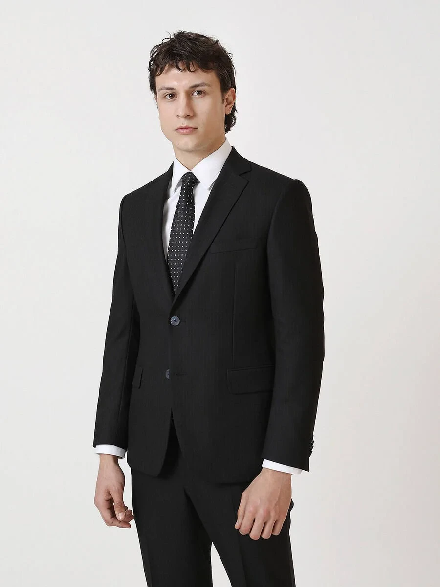 Black Striped Regular Fit Suit - 1