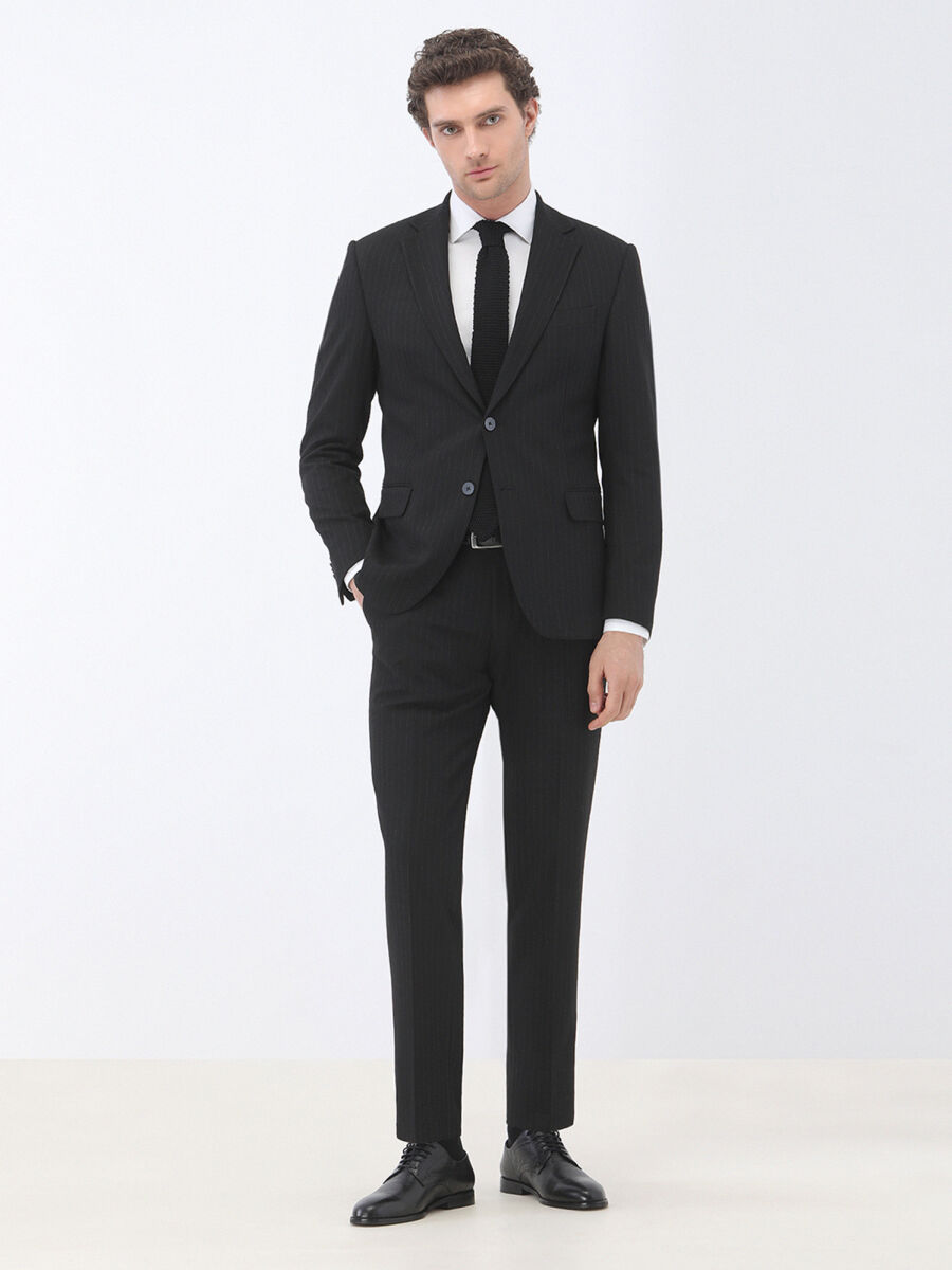 Black Striped Regular Fit Suit - 1