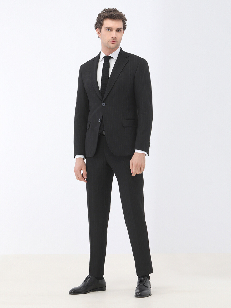 Black Striped Regular Fit Suit - 3