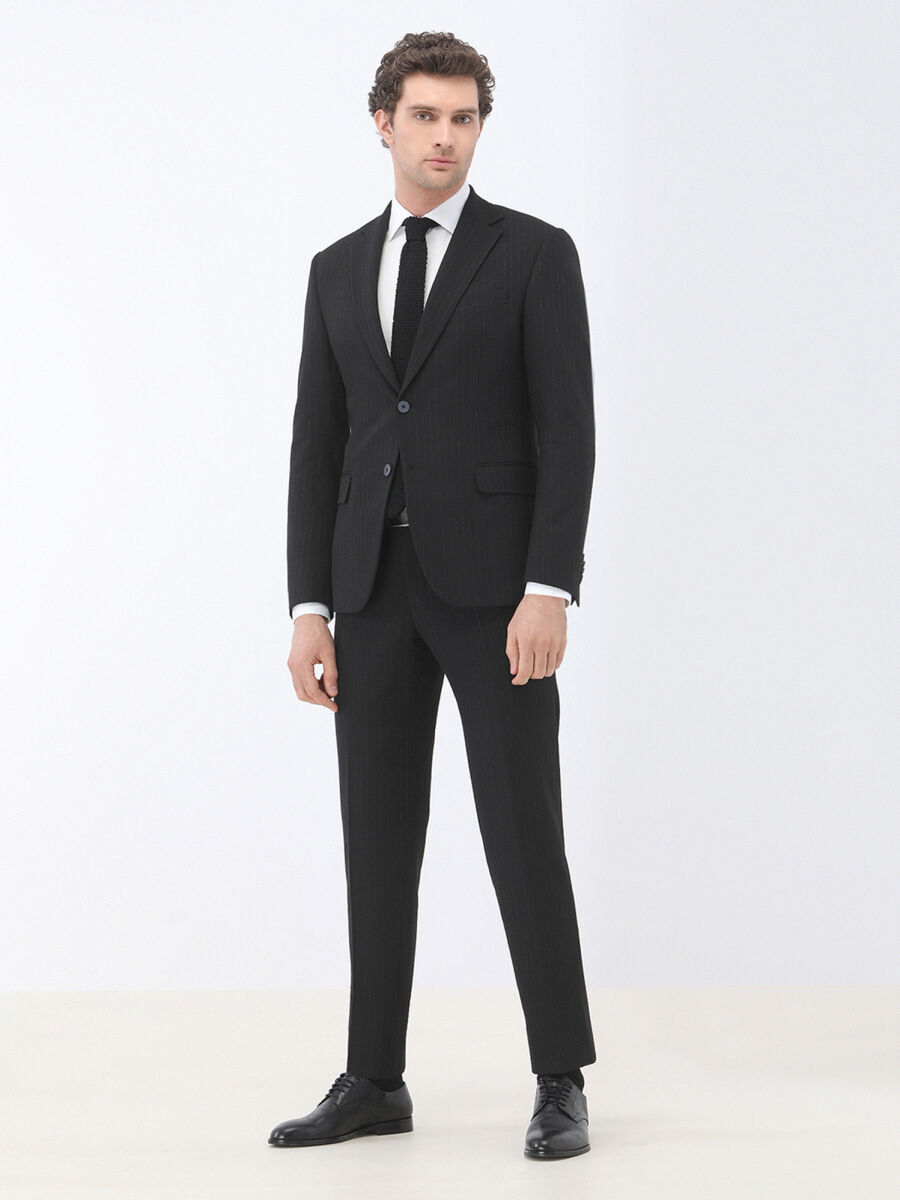 Black Striped Regular Fit Suit - 3