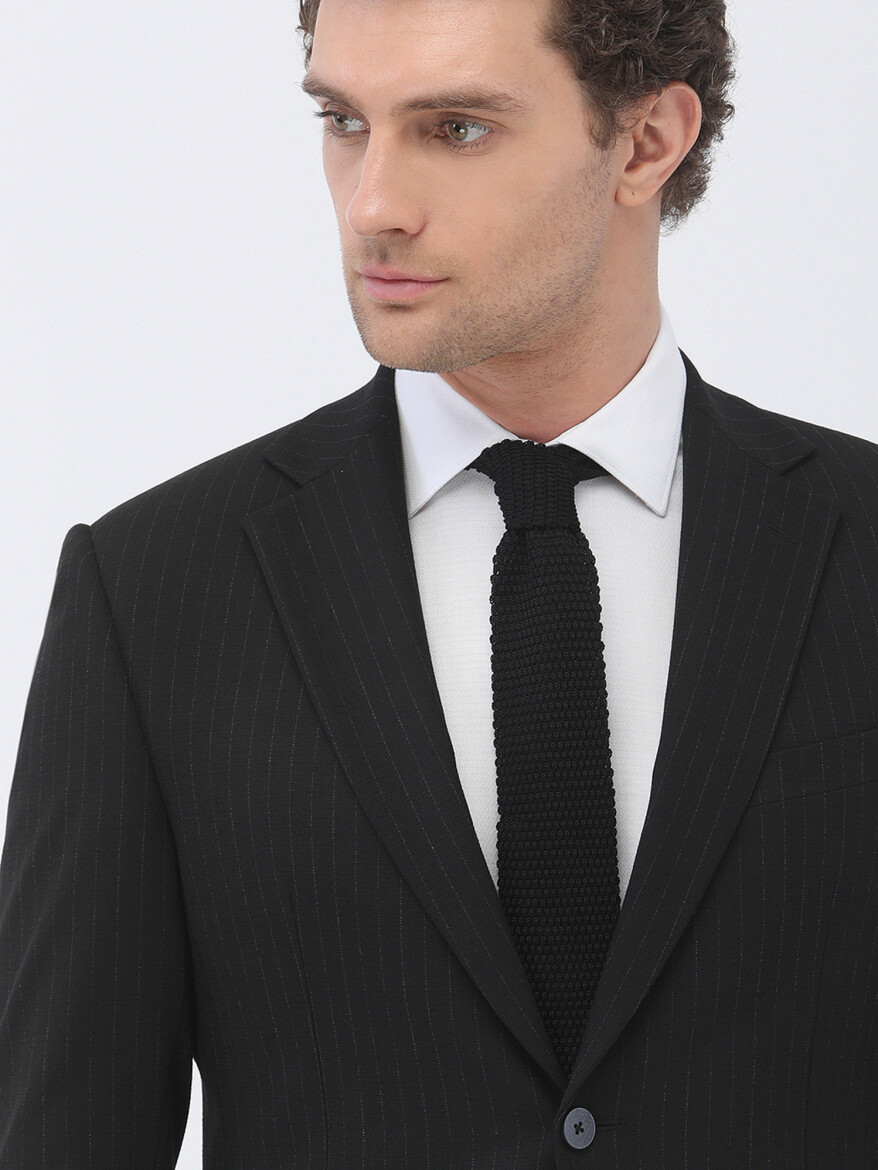 Black Striped Regular Fit Suit - 4