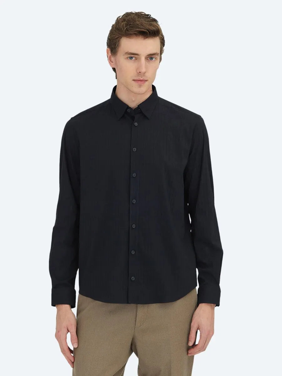 Black Striped Regular Fit Weaving Sport Cotton Blended Shirt - 1