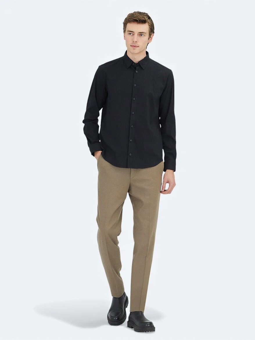 Black Striped Regular Fit Weaving Sport Cotton Blended Shirt - 2