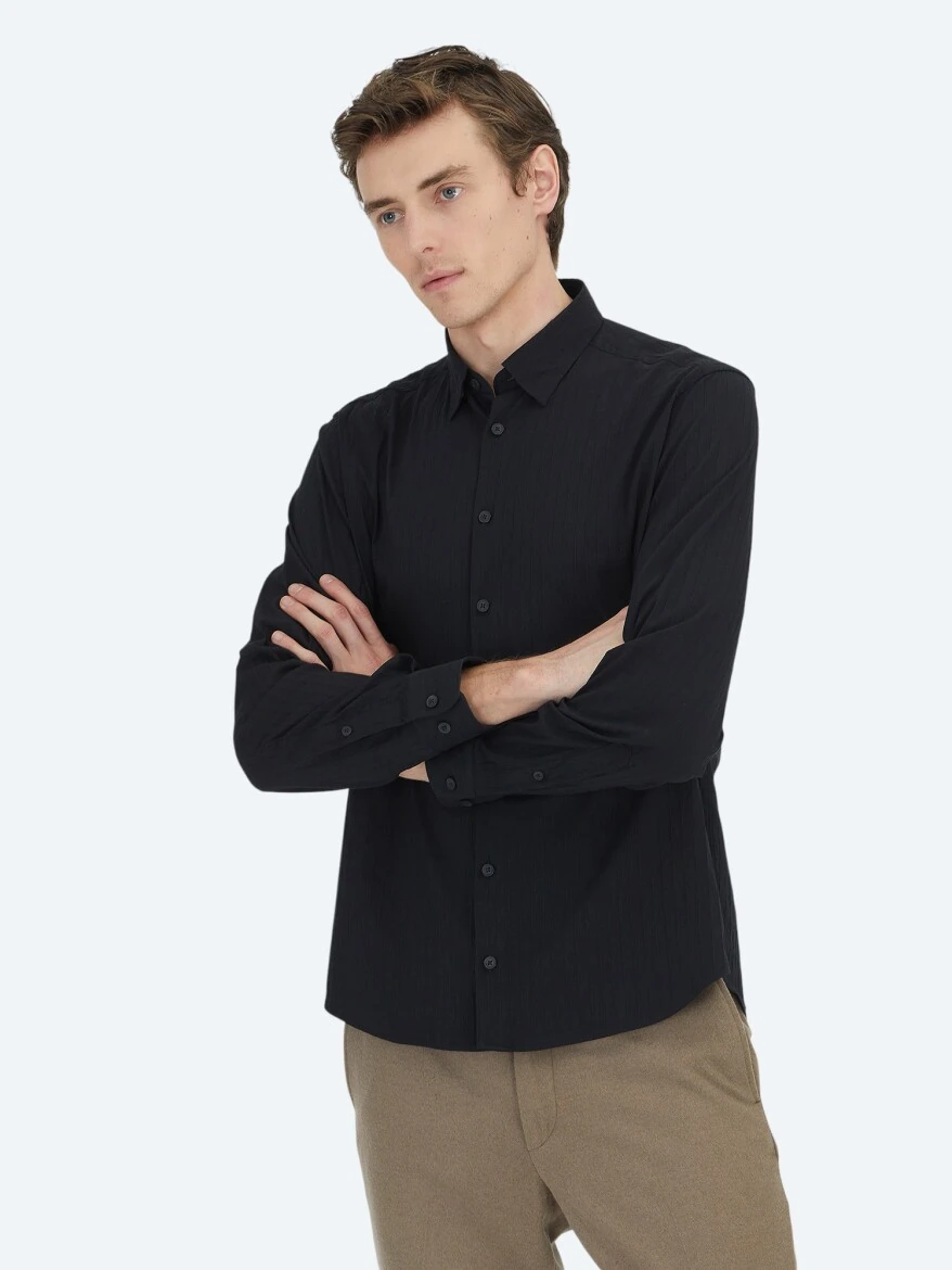 Black Striped Regular Fit Weaving Sport Cotton Blended Shirt - 4