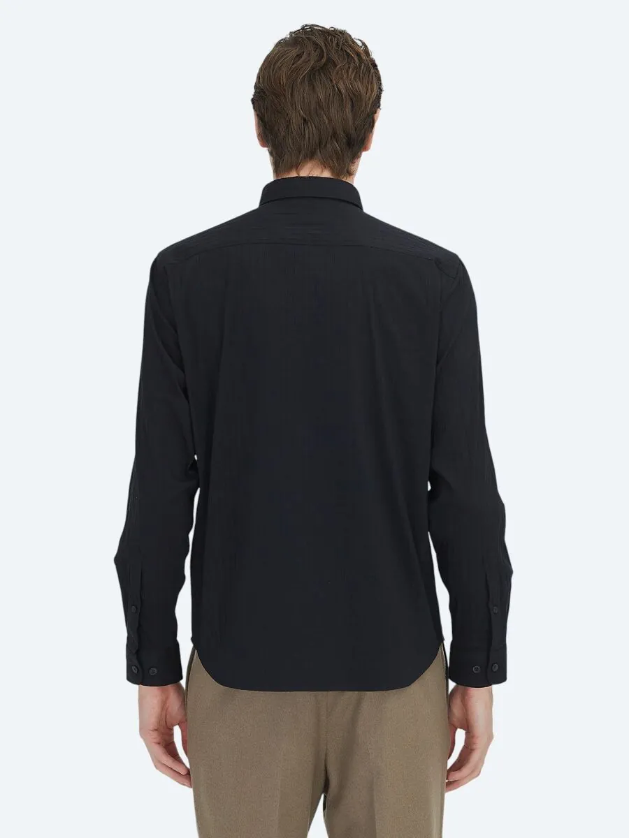 Black Striped Regular Fit Weaving Sport Cotton Blended Shirt - 7