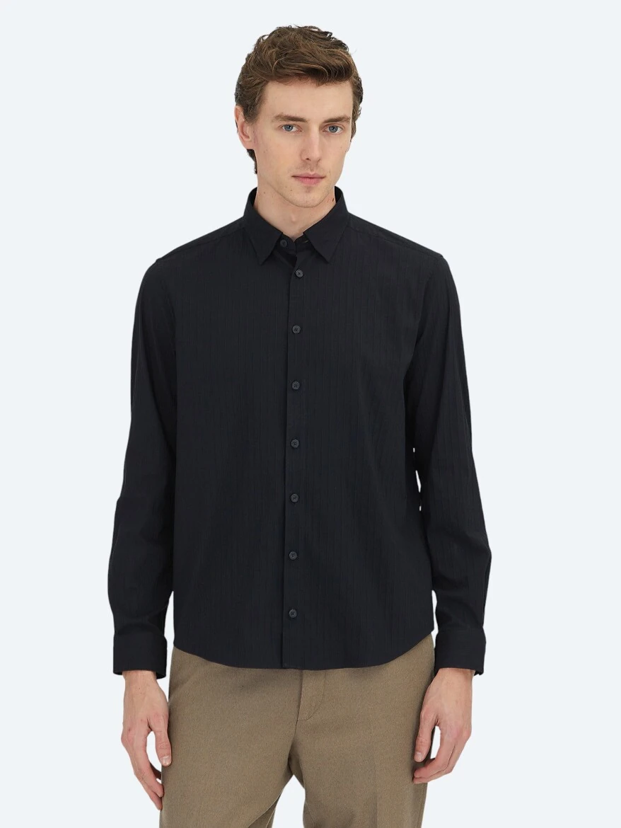Black Striped Regular Fit Weaving Sport Cotton Blended Shirt - KİP
