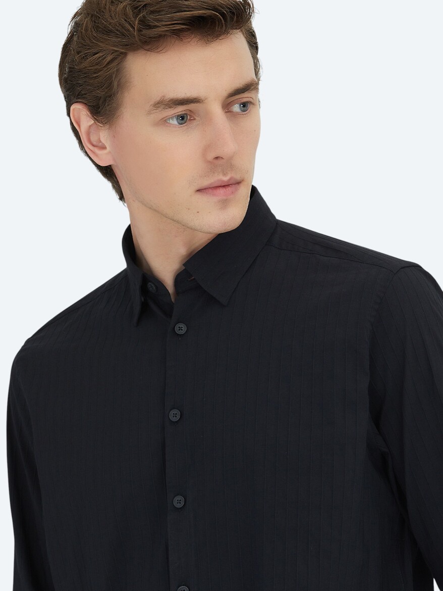 Black Striped Regular Fit Weaving Sport Cotton Blended Shirt - 3