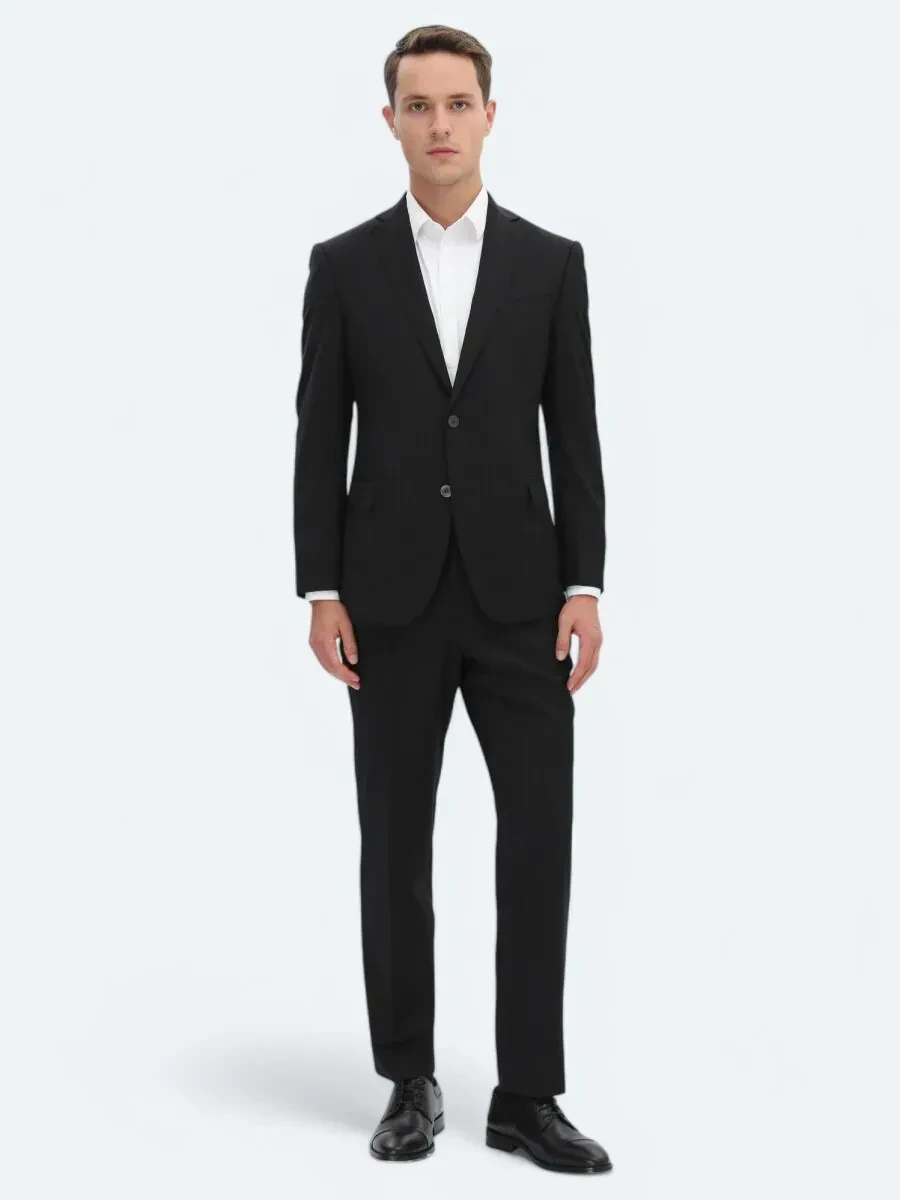 Black Striped Regular Fit Wool Blended Suit - 2