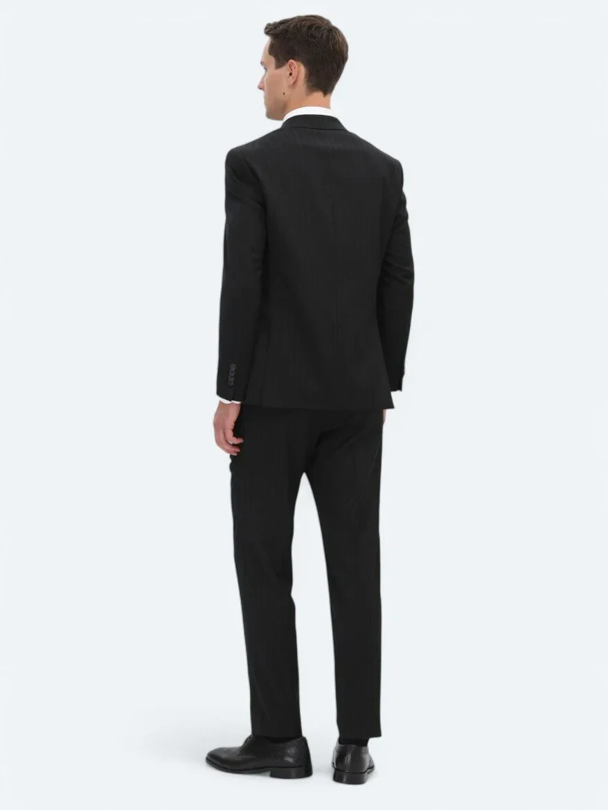 Black Striped Regular Fit Wool Blended Suit - 6