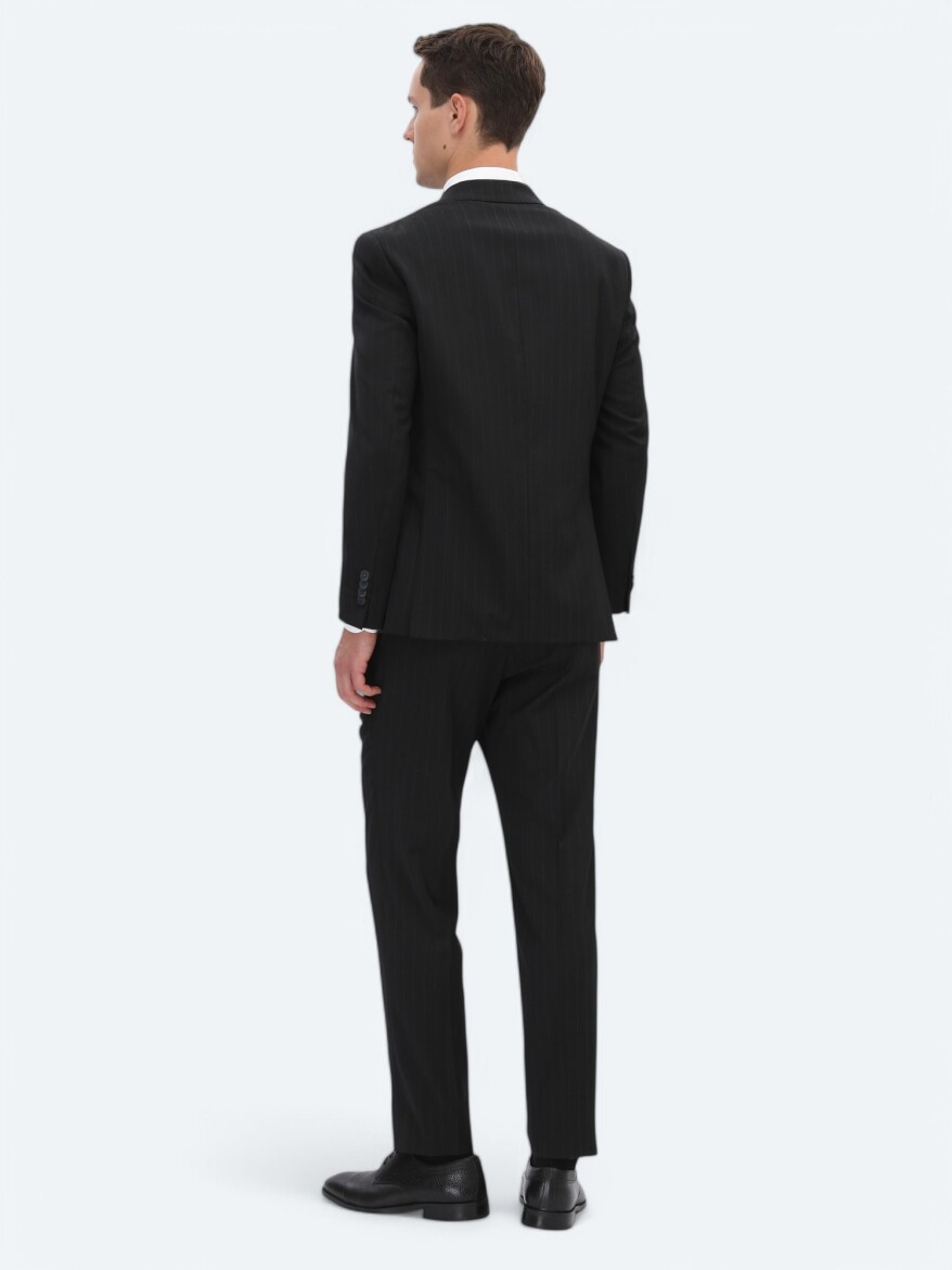 Black Striped Regular Fit Wool Blended Suit - 6