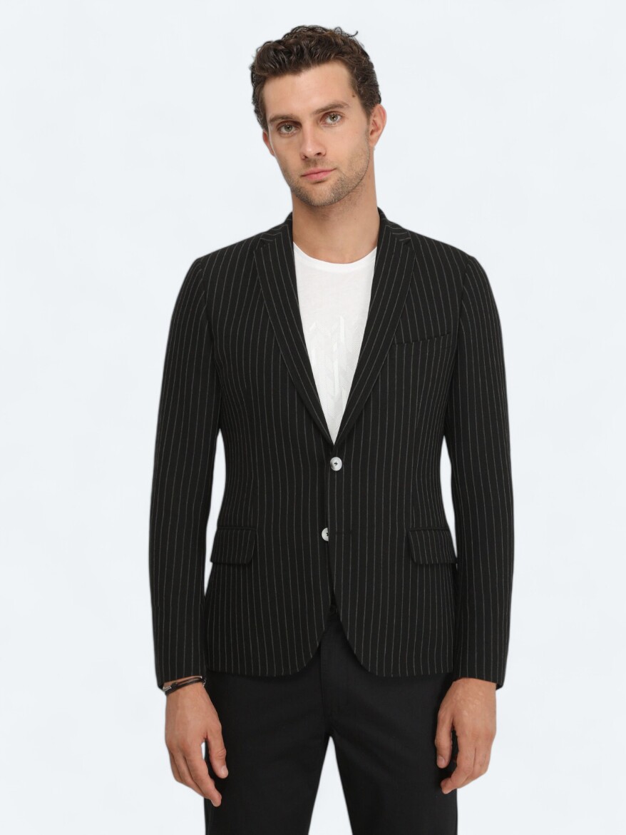 Black Striped Slim Fit Jacket - KİP