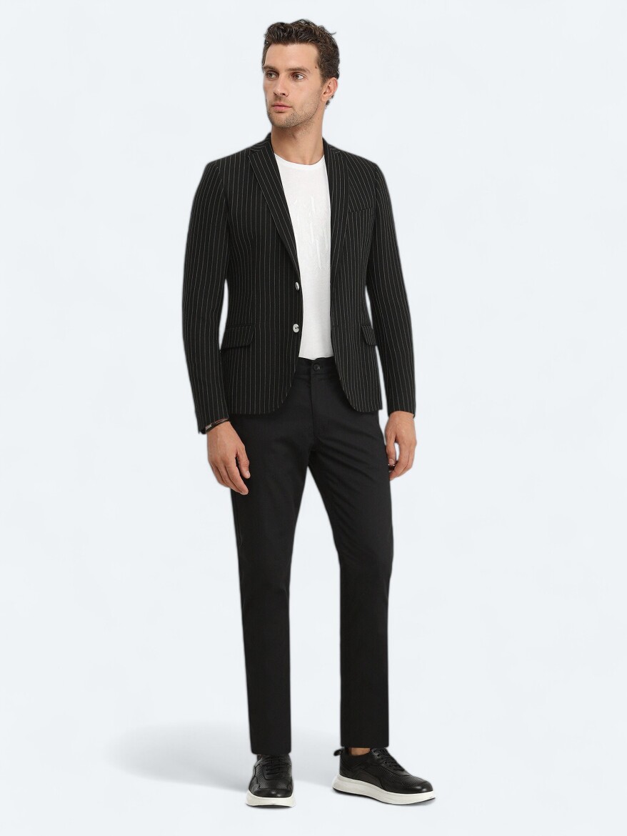 Black Striped Slim Fit Jacket - KİP