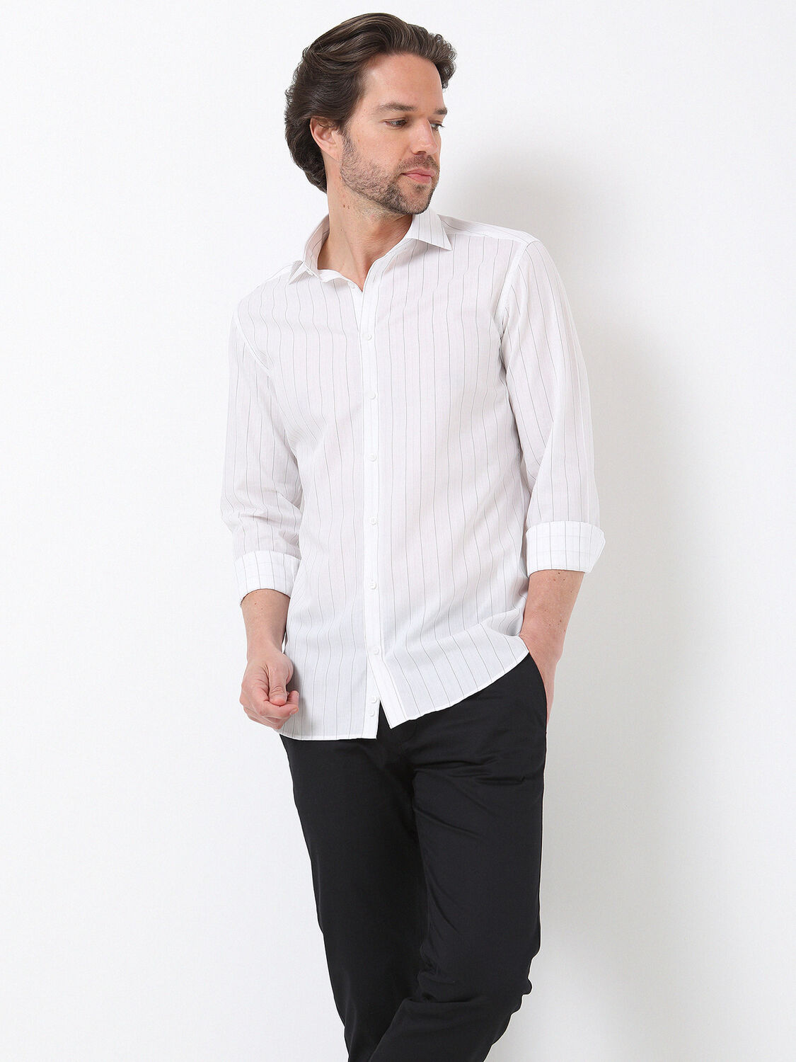 Black Striped Slim Fit Weaving Classical 100% Cotton Shirt - 1