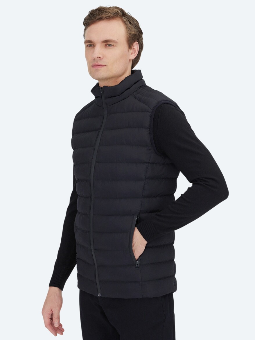 Black Turtleneck Casual Weaving Puffer Vest - 1