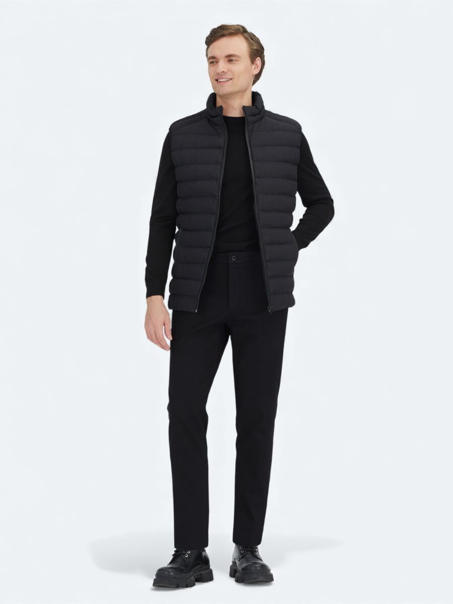 Black Turtleneck Casual Weaving Puffer Vest - 2