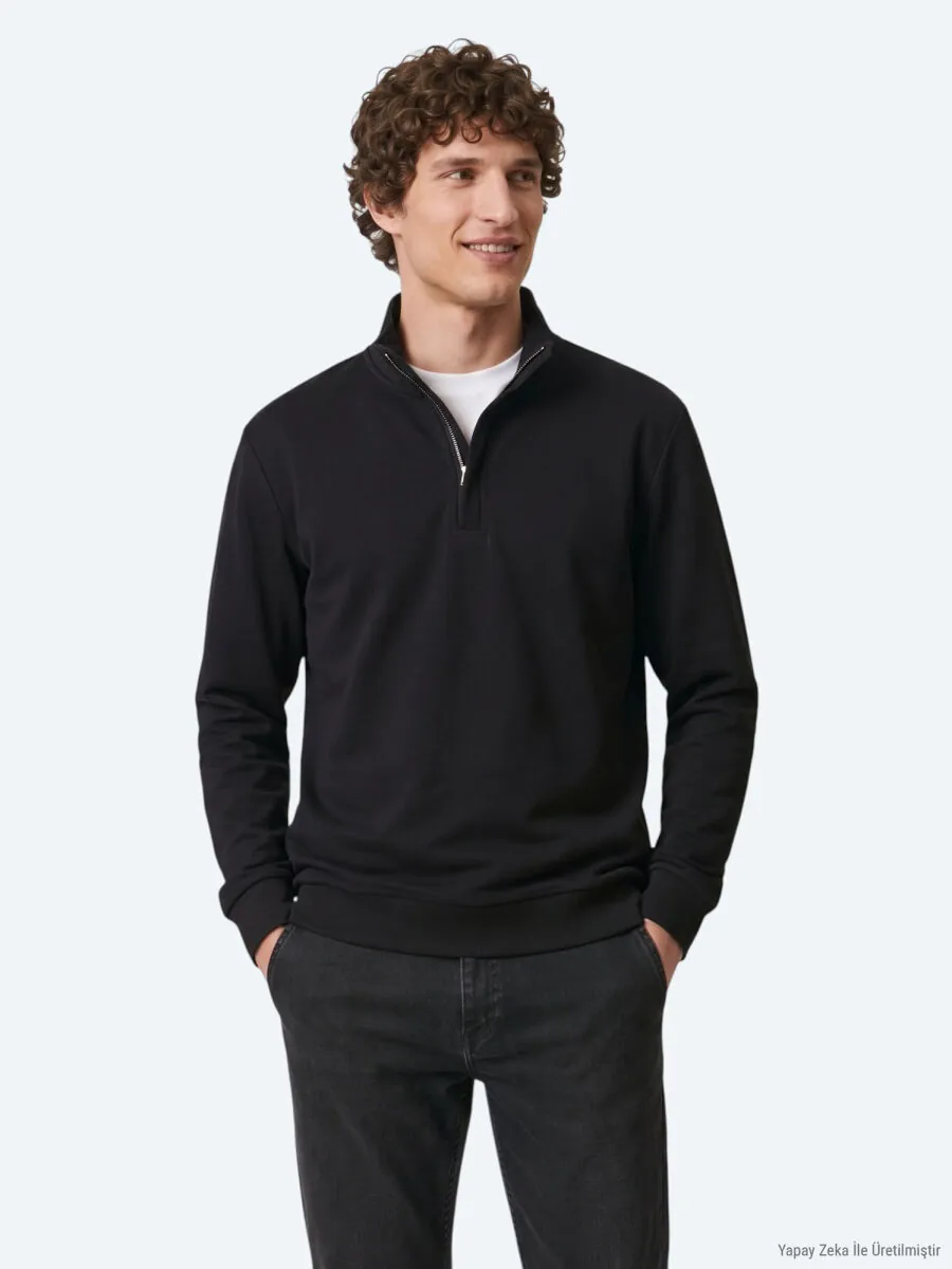 Black Turtleneck Plain Sweatshirt - 1