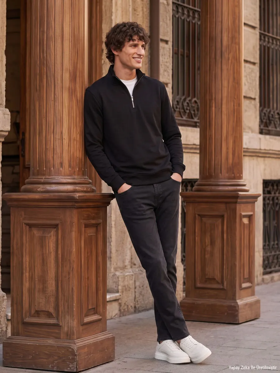 Black Turtleneck Plain Sweatshirt - 2