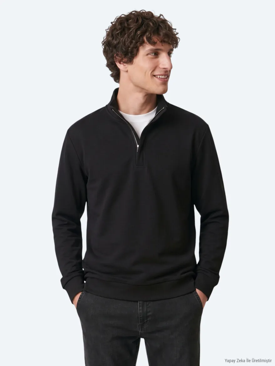 Black Turtleneck Plain Sweatshirt - 4