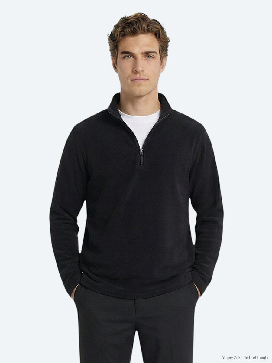 Black Turtleneck Plain Sweatshirt - 1