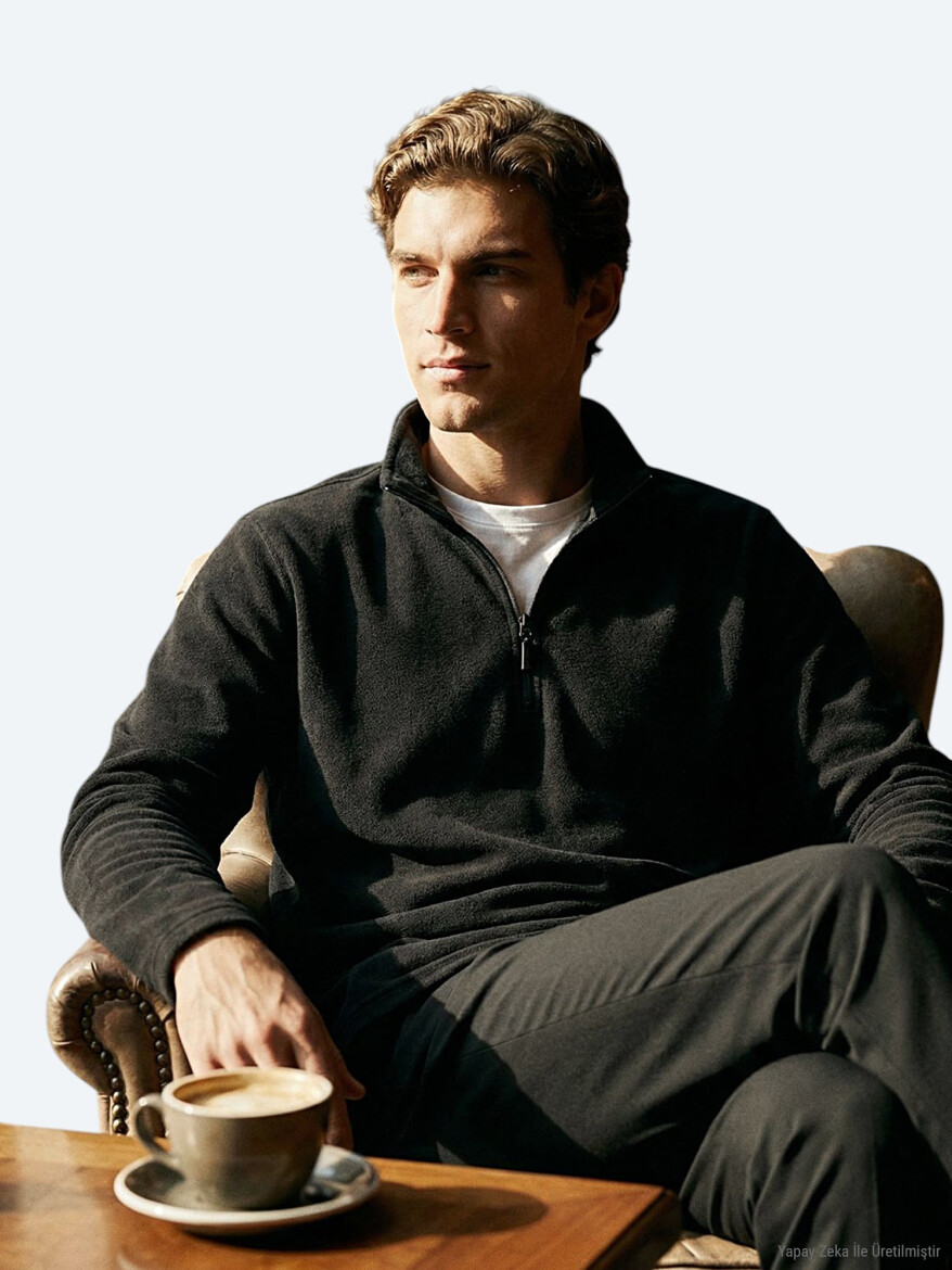 Black Turtleneck Plain Sweatshirt - 4