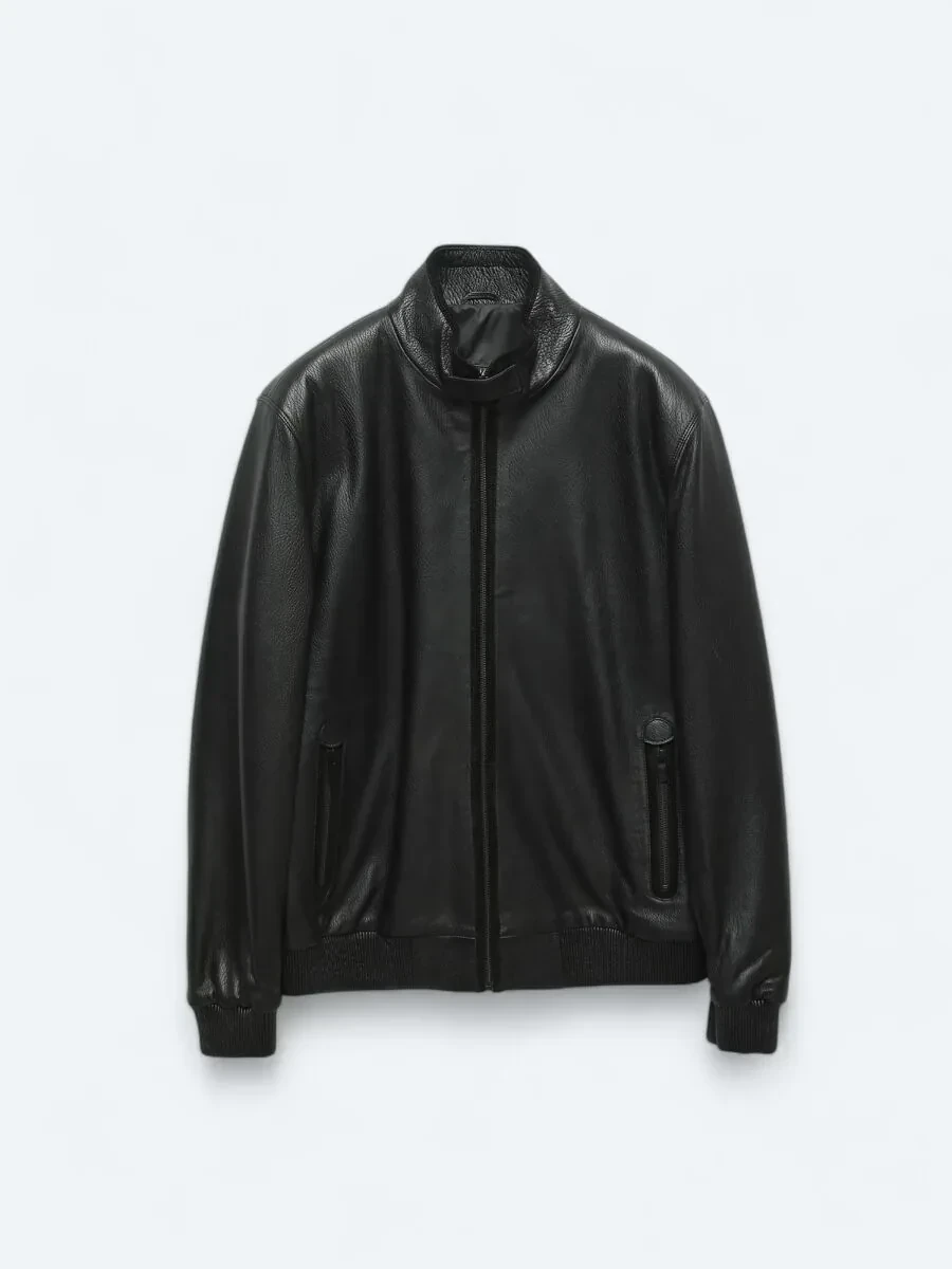 Black Turtleneck Smart Casual Sheep Leather Leather Coat - 8